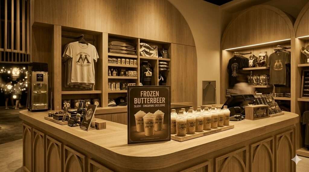 シンガポール・セントーサ島のハリー・ポッター会場で提供される、限定のフローズン・バタービールと公式ショップ。（AI生成）