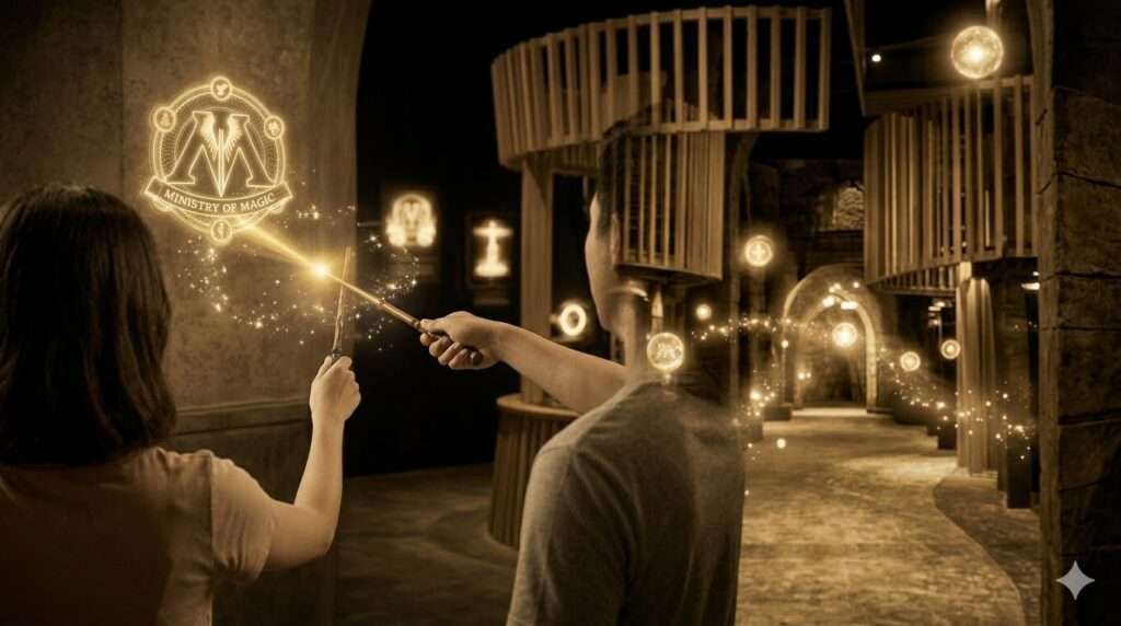 シンガポールのハリー・ポッター会場で、ワンドを使って壁の紋章を起動させる没入体験。（AI生成）