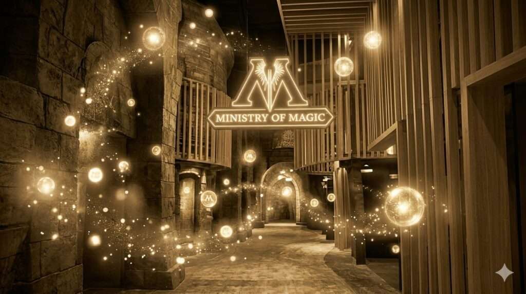 シンガポール・セントーサ島のハリー・ポッター会場に再現された、幻想的に光る魔法省のエリア。（AI生成）