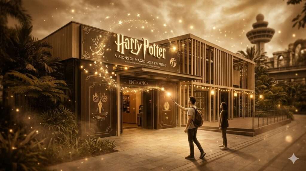 「シンガポール・セントーサ島のハリー・ポッター：ビジョンズ・オブ・マジックの幻想的な入り口」（AI生成）