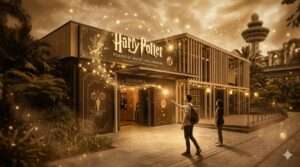 「シンガポール・セントーサ島のハリー・ポッター：ビジョンズ・オブ・マジックの幻想的な入り口」（AI生成）