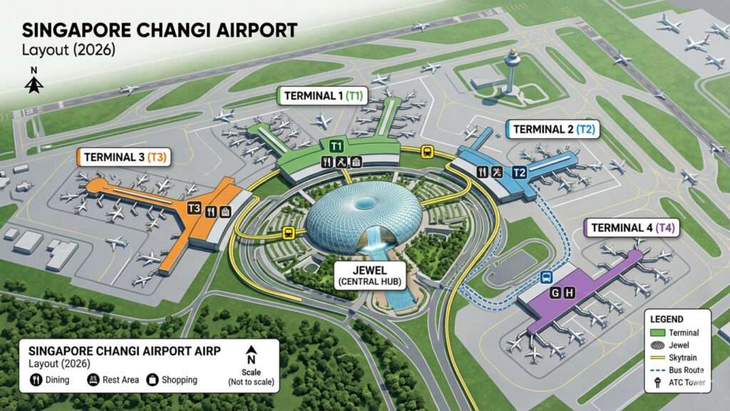 チャンギ空港のターミナル1〜4の配置