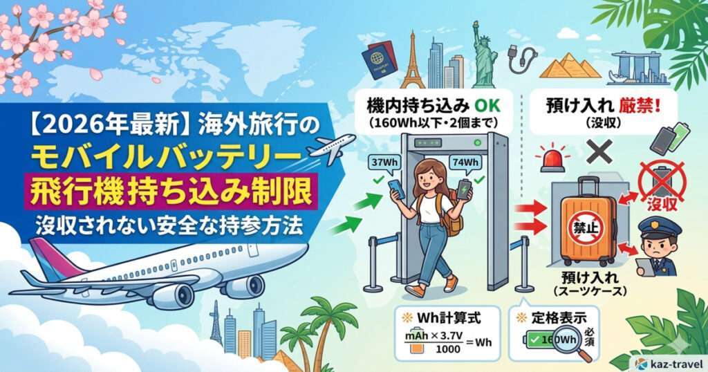 【2026最新】飛行機へのモバイルバッテリー持ち込み制限完全ガイドのアイキャッチ画像。スーツケースへの預け入れは没収NG、リュックへの手荷物持ち込みはOK。160Whや2個までといった新ルールを図解。