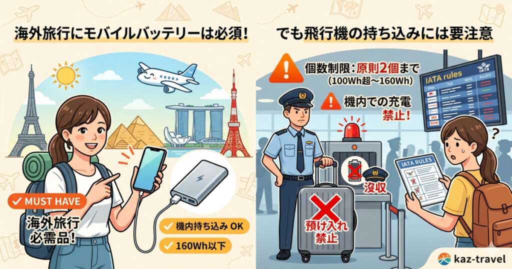 海外旅行でモバイルバッテリーが必須であることと、飛行機の持ち込みルールの注意点を図解したイラスト。左側は街中での必需品として機内持ち込みOKを示す女性。右側は保安検査場でスーツケース預け入れ禁止（没収）と新ルールを警告される様子。