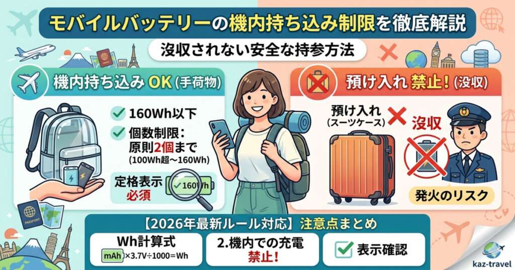 モバイルバッテリーの飛行機持ち込み制限（2026年最新ルール）を徹底解説した図解。手荷物持ち込みは160Wh以下かつ原則2個まで、預け入れは発火リスクのため没収・厳禁であることを対比。Wh計算式や機内充電禁止のルールも網羅。