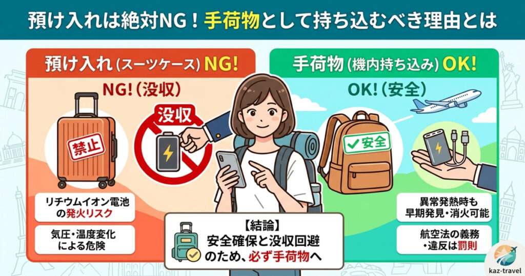 モバイルバッテリーを飛行機で預け入れ（スーツケース）するのが絶対NGな理由を解説した画像。リチウムイオン電池の発火リスクや気圧変化の危険性を警告。手荷物なら異常発熱時に早期発見・消火が可能であるメリットを対比。