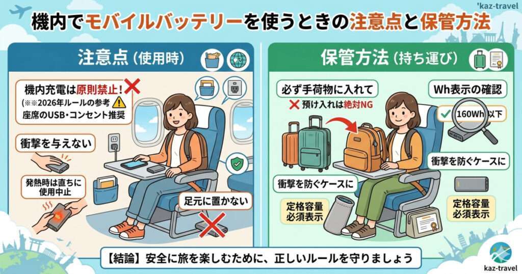 飛行機内でモバイルバッテリーを使用する際の注意点と保管方法を図解したイラスト。左側は座席でのNG例（機内充電禁止、衝撃、発熱時の放置、足元放置）。右側はOK例（必ず手荷物、Wh表示確認、保護ケース収納）。2026年新ルールに対応。