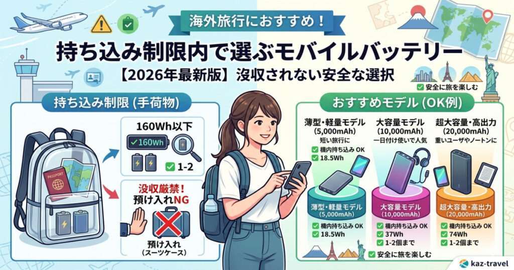 2026年最新版、海外旅行におすすめのモバイルバッテリーの選び方図解。5,000mAh、10,000mAh、20,000mAhの各容量が160Wh以下の制限内であることを示し、機内持ち込み手荷物としての安全な持参方法を解説。