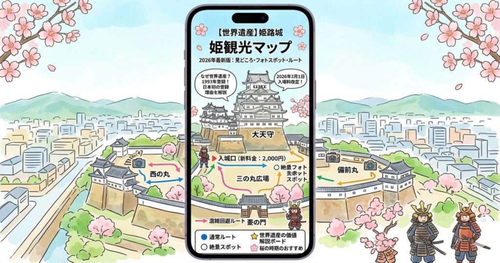 姫路城観光マップ：大天守・西の丸のルート、絶景フォトスポット、2026年からの新料金情報をまとめたイラストマップ