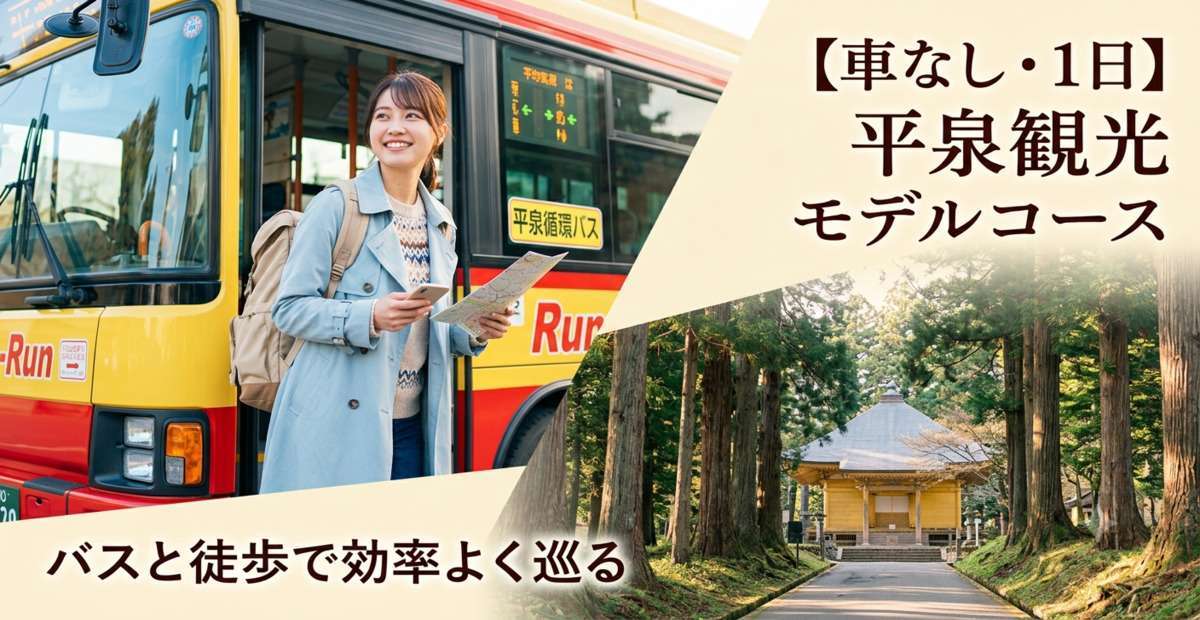平泉駅前で『るんるん』バスに笑顔で乗り込むバックパッカーの女性と、遠くに見える金色堂の合成アイキャッチ画像。