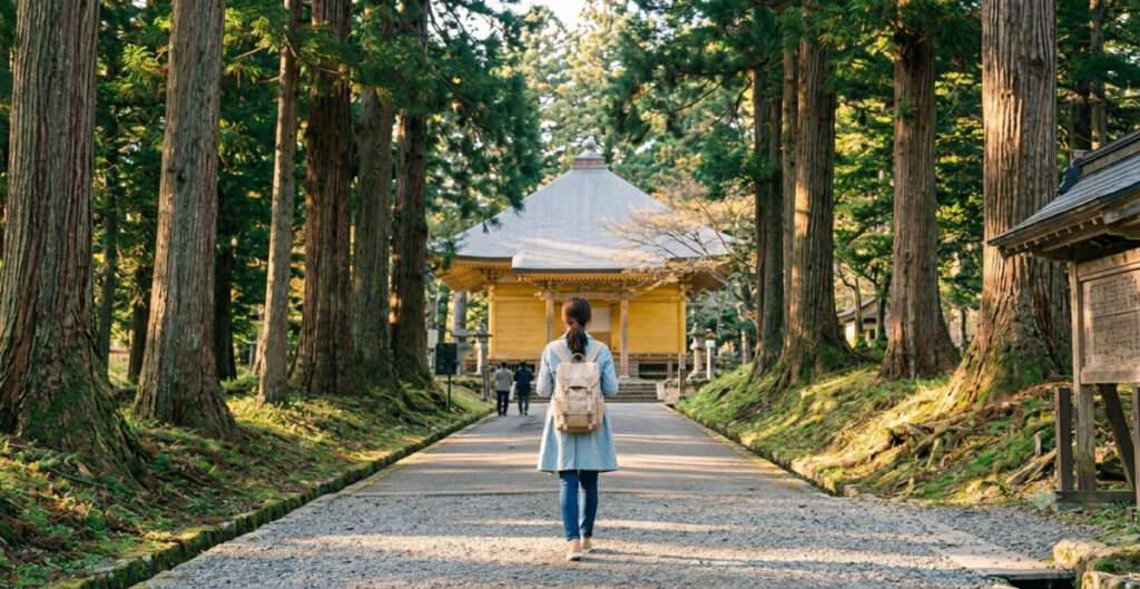 高い杉並木が続く中尊寺の表参道「月見坂」を、バックパックを背負って金色堂へと歩いて登っていく女性旅行者の後ろ姿。