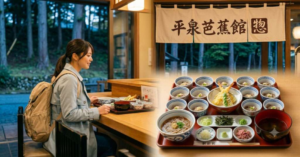中尊寺の月見坂の入り口にある「平泉芭蕉館(または惣庵)」のカウンター席で、24杯の小鉢が並ぶ上品な平泉式わんこそばを前に、笑顔で暖簾をくぐり店に入る女性旅行者。