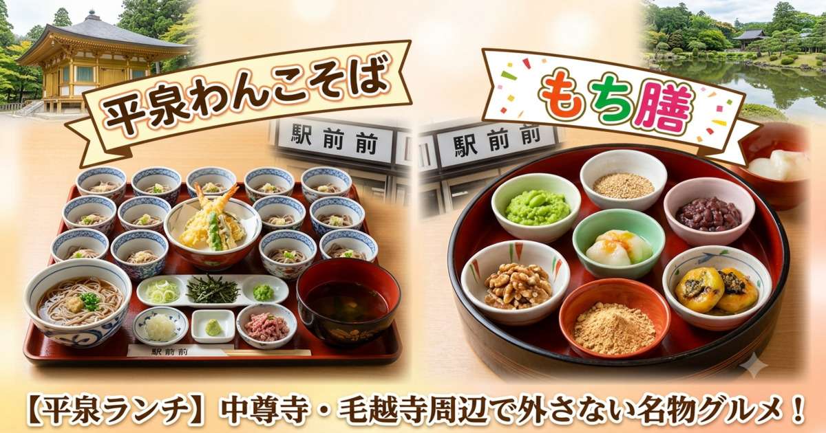 平泉ランチのアイキャッチ。左に平泉わんこそばの盛り出し式膳、右に色とりどりのもち膳が並び、背景に中尊寺金色堂と毛越寺浄土庭園が融合した、食欲をそそる複合画像。