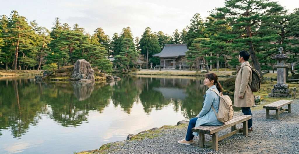 毛越寺の広大な「大泉が池」のほとりにある木製ベンチに座り、平安時代の浄土庭園と美しい水面をのんびりと眺めてリラックスする旅行者。