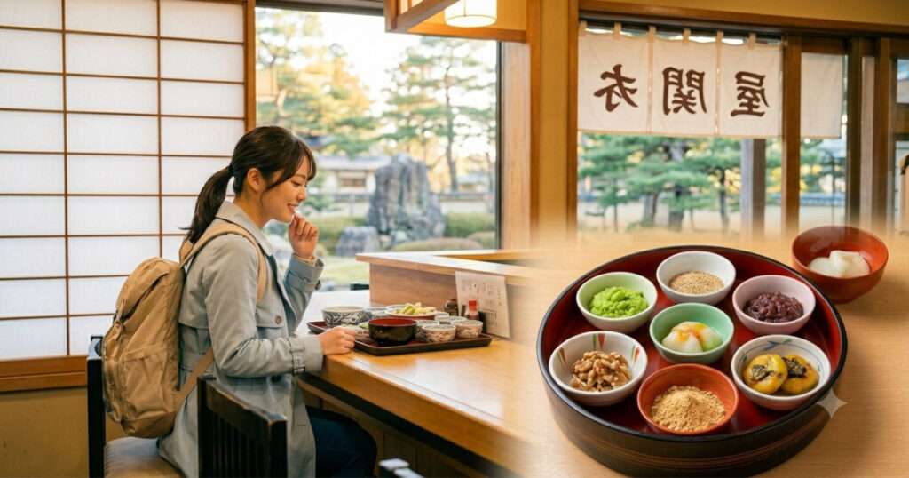 毛越寺の浄土庭園散策後、和風レストラン(衣関屋(または扇屋))のカウンター席で、円形漆器に並ぶ色とりどりの一口もち(ずんだ、ごま、あんこなど)を前に、笑顔でもち膳を楽しむ女性旅行者。