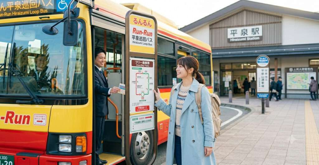 JR平泉駅前のバス乗り場で、黄色と赤色の平泉巡回バス「るんるん」の運転手から1日フリー乗車券を受け取る笑顔の女性旅行者。