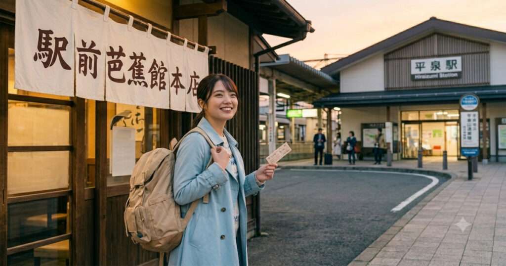 旅の終わりの夕方、平泉駅前にある「駅前芭蕉館 本店」で、帰りの電車の待ち時間を活用してわんこそばをガッツリ食べ、満足げな表情で店を出て駅へ向かう女性旅行者。手に紙の切符を持っている。