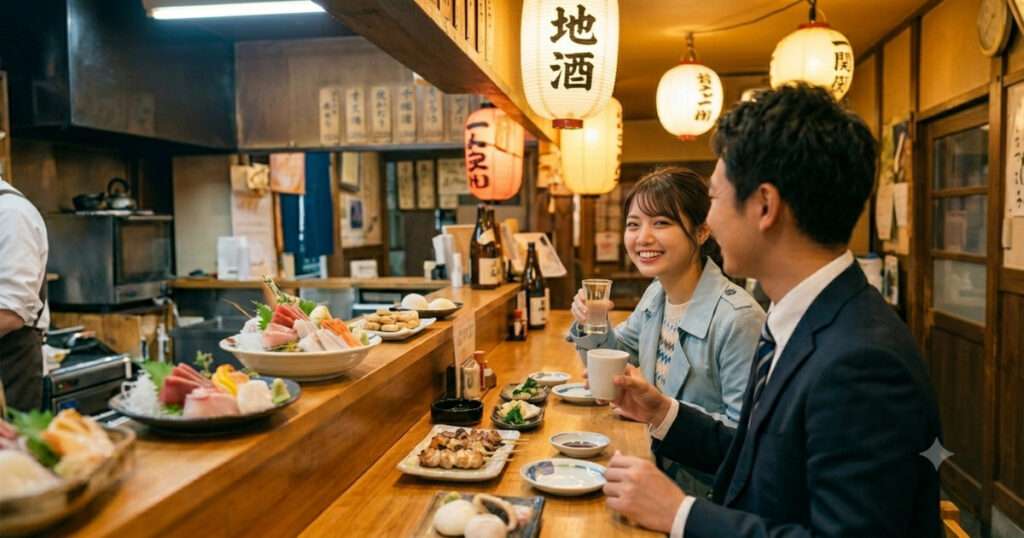 一ノ関駅前の居酒屋のカウンター席で、岩手の地酒や三陸のお刺身など地元の郷土料理を楽しむ笑顔の女性旅行者。