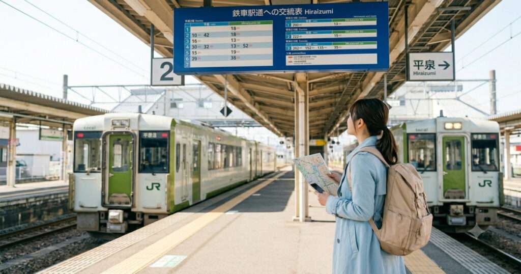 朝の一ノ関駅ホームで、紙の切符を手に持ちながら平泉方面行きのJR東北本線の電車を待つ旅行者。