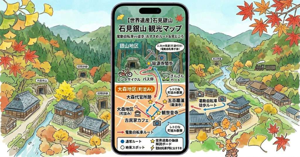 石見銀山観光マップ：銀山地区の龍源寺間歩、大森地区の町並み、電動自転車と徒歩のルート比較、絶景フォトスポットをまとめたイラストマップ