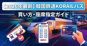 「2026年最新 韓国鉄道KORAILパス 買い方・座席指定ガイド」と書かれた文字、KTX列車、スマートフォンの座席指定画面、コレールパスのイラスト