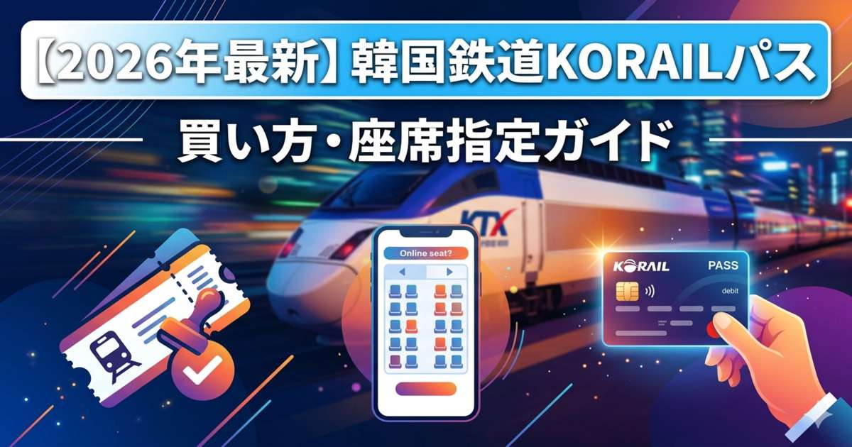 「2026年最新 韓国鉄道KORAILパス 買い方・座席指定ガイド」と書かれた文字、KTX列車、スマートフォンの座席指定画面、コレールパスのイラスト