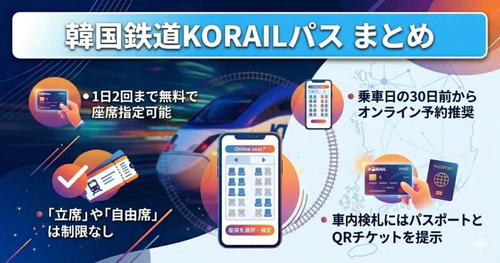 韓国鉄道KORAILパスのまとめ（1日2回まで無料座席指定、30日前から予約推奨、立席・自由席は制限なし、車内検札にはパスポートとQRチケットを提示）