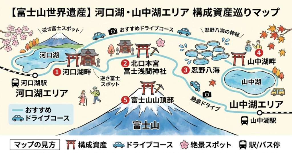 富士山世界遺産・構成資産巡りマップ：河口湖・山中湖エリアの主要スポット（忍野八海、浅間神社、各湖畔）とおすすめドライブコース、絶景フォトスポットをまとめたイラストマップ