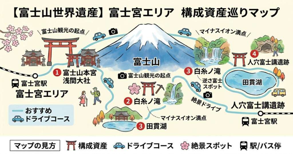 富士山世界遺産・構成資産巡りマップ：富士宮エリアの主要スポット（富士山本宮浅間大社、白糸ノ滝、田貫湖）とおすすめドライブコース、絶景フォトスポットをまとめたイラストマップ