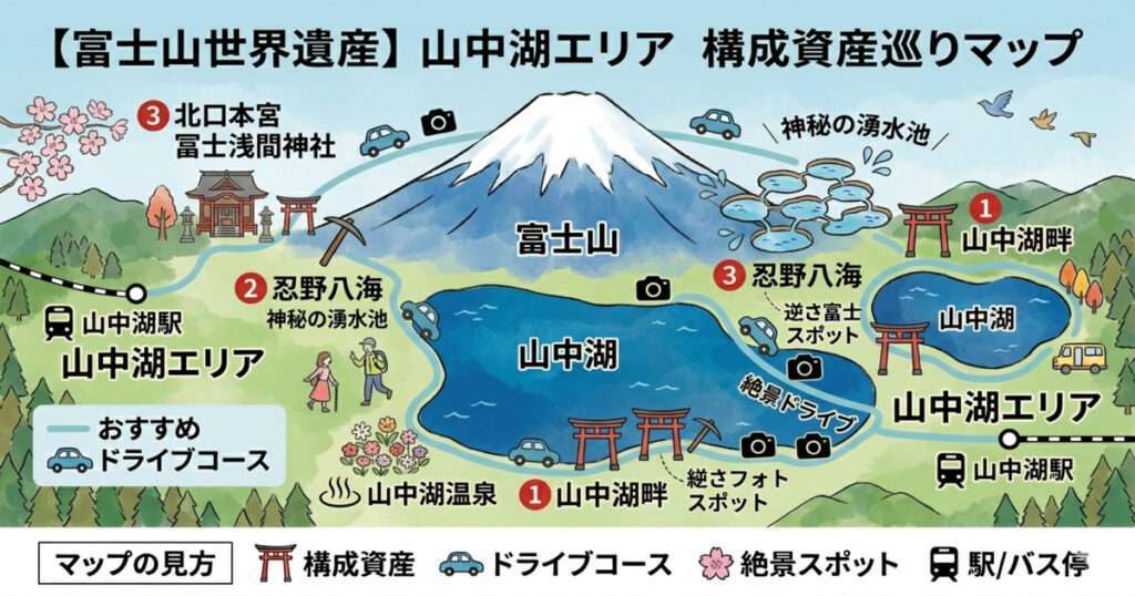 富士山世界遺産・構成資産巡りマップ：山中湖エリアの主要スポット（忍野八海、北口本宮冨士浅間神社、山中湖畔）とおすすめドライブコース、絶景フォトスポットをまとめたイラストマップ