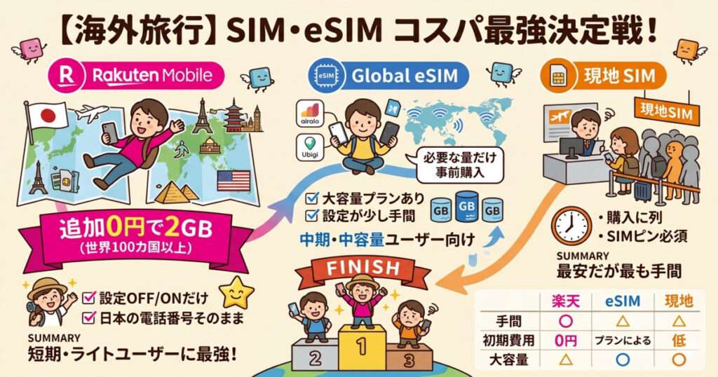 2026年の海外旅行用SIMカード比較インフォグラフィック。タイトルは「2026最新比較 海外旅行の最強SIMはどれ？」で、楽天モバイル、ahamo、格安eSIM、現地SIMの4つの選択肢を、それぞれの特徴、料金、アイコンとともに色分けされたボックスで比較しています。