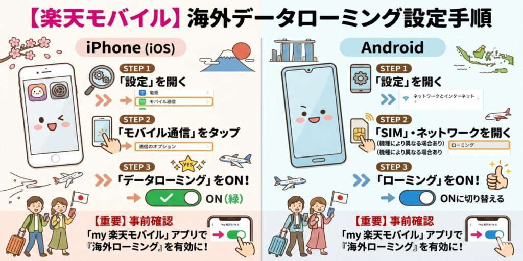 楽天モバイル海外利用・データローミングの設定手順図解。iPhoneとAndroidそれぞれの設定画面で「データローミング」をONにするステップを分かりやすく示したイラスト。