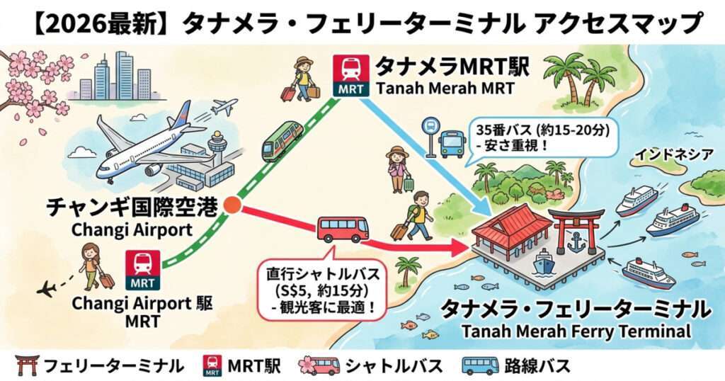 【2026最新】タナメラ・フェリーターミナル アクセスマップ:チャンギ空港(MRT駅)、タナメラMRT駅、フェリーターミナルの位置関係と、空港からの直行シャトルバス(S$5, 15分)、MRT駅からの35番バスのルート図