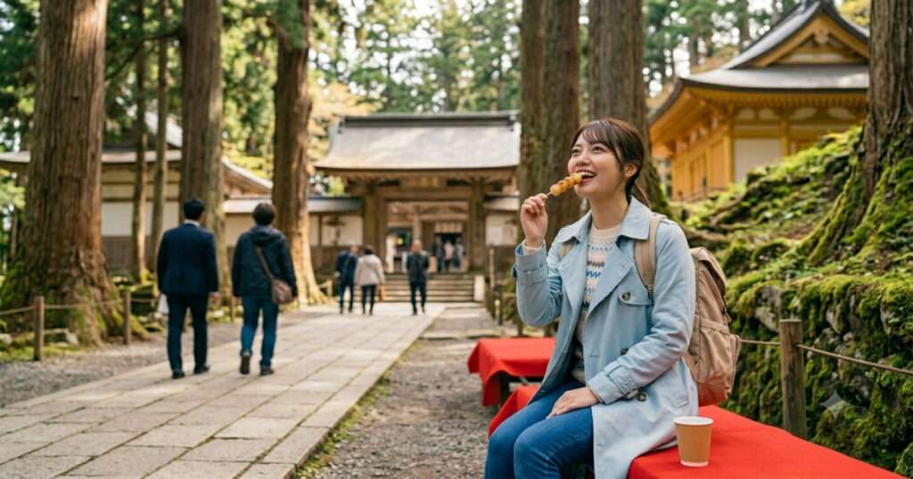 中尊寺金色堂（1日目）の杉並木を背景に、赤い毛氈が敷かれたベンチに座り、串に刺さったお団子を笑顔で食べる女性旅行者。