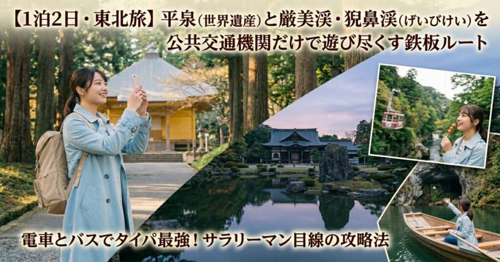 平泉の中尊寺金色堂（1日目）、毛越寺浄土庭園（2日目）を背景に、厳美渓で空飛ぶだんごを楽しむ女性と、猊鼻渓で運玉を投げる女性旅行者を組み合わせた1泊2日車なし東北旅のアイキャッチ画像。