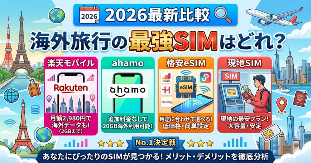 2026年の海外旅行用SIMカード比較インフォグラフィック。タイトルは「2026最新比較 海外旅行の最強SIMはどれ？」で、楽天モバイル、ahamo、格安eSIM、現地SIMの4つの選択肢を、それぞれの特徴、料金、アイコンとともに色分けされたボックスで比較しています。