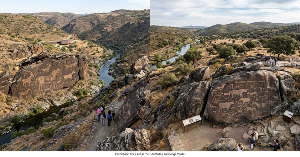 ポルトガルとスペインにまたがる、ユネスコ世界遺産「コア渓谷とシエガ・ヴェルデの先史時代の岩壁画」の2つの主要な遺跡、コア渓谷（左）とシエガ・ヴェルデ（右）のパノラマ的な風景と岩刻画のクローズアップを組み合わせた、緻密なドキュメンタリー写真。