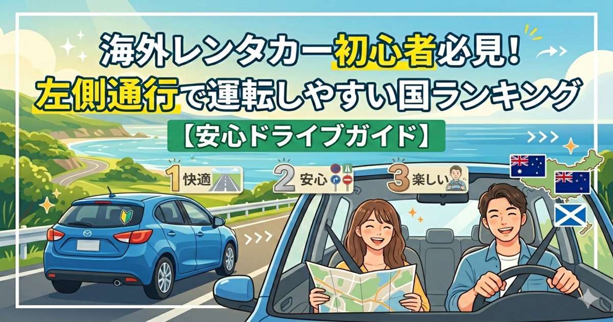 「海外レンタカー初心者必見!左側通行で運転しやすい国ランキング【安心ドライブガイド】」というタイトルのブログアイキャッチ画像。海沿いの爽やかな道路を走る青いレンタカーと、車内で笑顔でドライブを楽しむ男女のイラストが描かれ、中央には「1 快適(オーストラリア国旗)」「2 安心(ニュージーランド国旗)」「3 楽しい(スコットランド国旗)」のランキング要素が並んでいます。