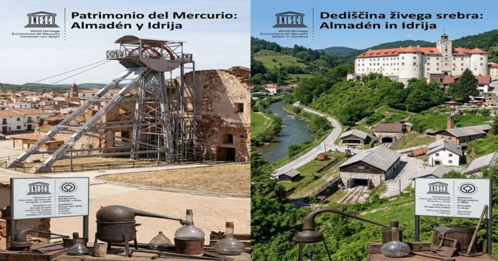 スペインのアルマデン（左）とスロベニアのイドリア（右）にある、ユネスコ世界遺産「水銀関連遺産」の2つの主要な鉱山遺跡を捉えた、包括的な風景写真。