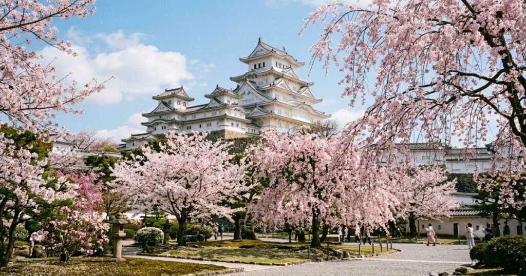 満開のしだれ桜越しに見上げる、世界遺産・姫路城の大天守と小天守の重なり