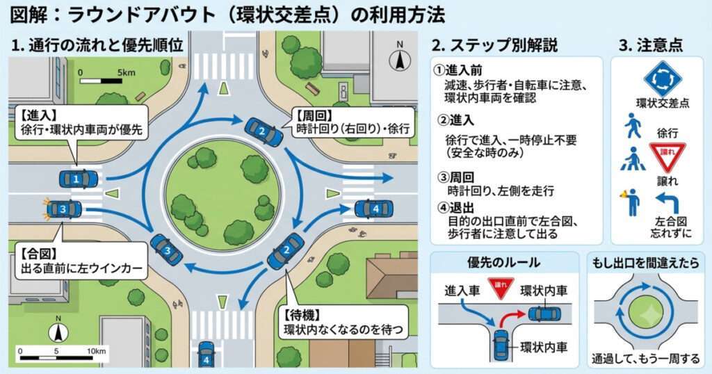 ラウンドアバウト(環状交差点)の利用方法を説明した日本語の図解。左側に時計回りの交差点と車の動きを示すイラスト、右側に「進入前・進入・周回・退出」のステップ別解説や、環状内の車両が優先であること、出る直前に左ウインカーを出す合図のルールなどがまとめられています。