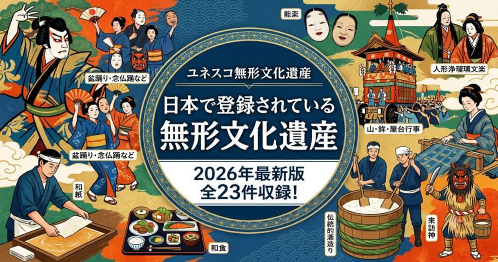 日本のユネスコ無形文化遺産（和食、伝統的酒造り、歌舞伎、山・鉾・屋台行事など）を象徴するイラストが描かれた、2026年最新版の全23件収録を伝える記事のアイキャッチ画像