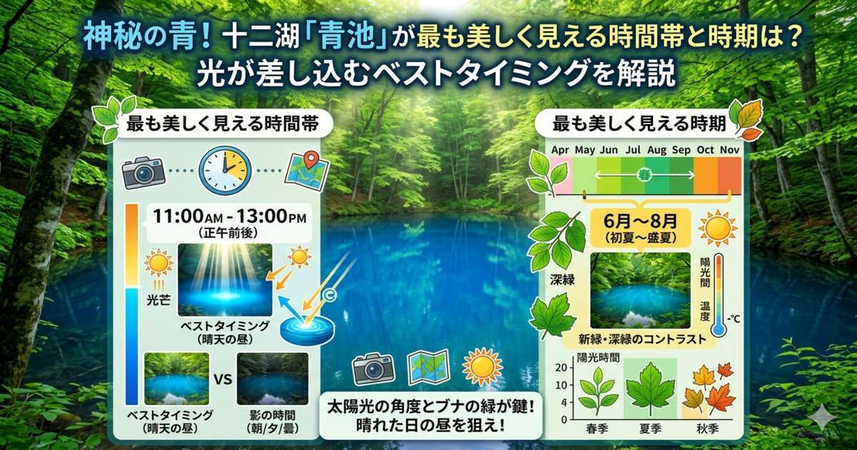 十二湖「青池」が最も美しく見える時間帯と時期を解説したインフォグラフィック画像。背景には鮮やかなコバルトブルーの青池と新緑のブナ林が描かれています。 左側には「最も美しく見える時間帯」として『11:00 AM - 13:00 PM（正午前後）』と時計のイラストがあり、太陽光が水面に直角に入射して光芒（こうぼう）が生まれる仕組みを晴天時と影の時間の比較写真付きで図解しています。 右側には「最も美しく見える時期」として『6月〜8月（初夏〜盛夏）』のタイムラインが示され、陽光時間と温度の上昇、新緑・深緑のコントラストをグラフや葉のイラストで解説しています。 下部には「太陽光の角度とブナの緑が鍵！晴れた日の昼を狙え！」というまとめのメッセージが書かれています。
