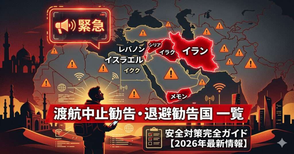 2026年の中東治安情報と渡航中止・退避勧告国を示す赤くハイライトされた地図、警告アイコン、およびスマートフォンの画面を見る旅行者のイラスト