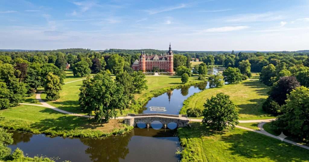 ドイツとポーランドの国境をまたぐ、ムスカウ公園（ムジャクフ公園）の広大で美しい景観式庭園。