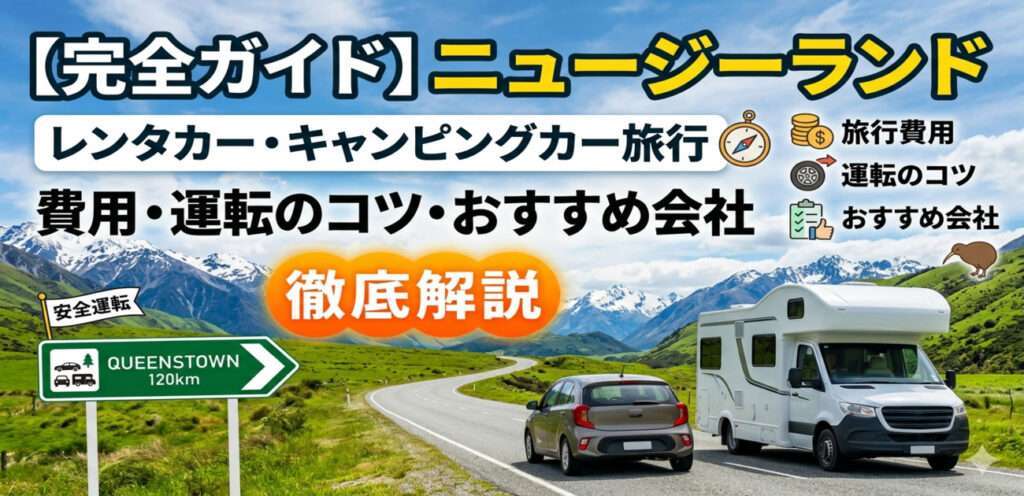 ニュージーランドの壮大な山々と緑豊かな自然をバックに、一本の道路を走るキャンピングカーとレンタカー、およびクイーンズタウンへのロードサインと旅行費用のアイコンが描かれたインフォグラフィック画像