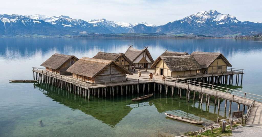 アルプス山脈周辺の湖畔に再現された、先史時代の堀立柱住居群（杭上住居）。