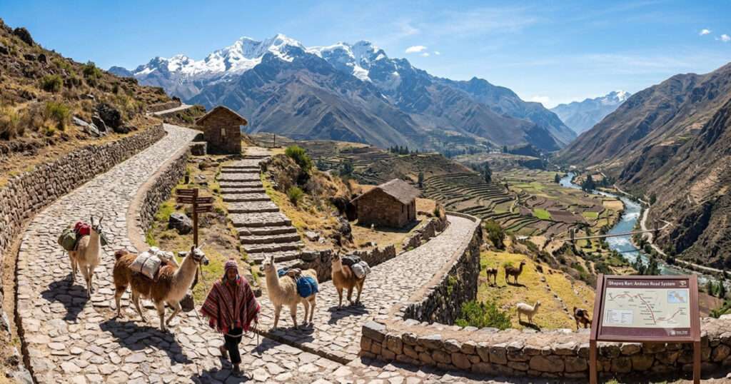 アンデス山脈の壮大な風景の中を走る、ユネスコ世界遺産の「カパック・ニャン アンデスの道」。伝統的な衣装を着た人がラマを連れて石畳の道を歩いており、近くには解説板が設置されている。