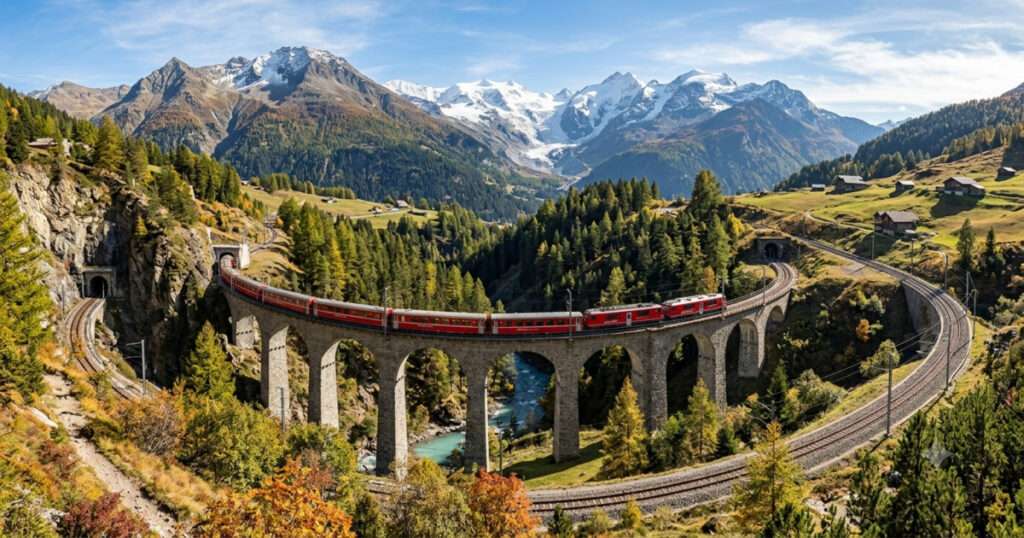 スイスのアルプス山脈を背景に、壮大な高架橋を渡るレーティッシュ鉄道の赤い列車。