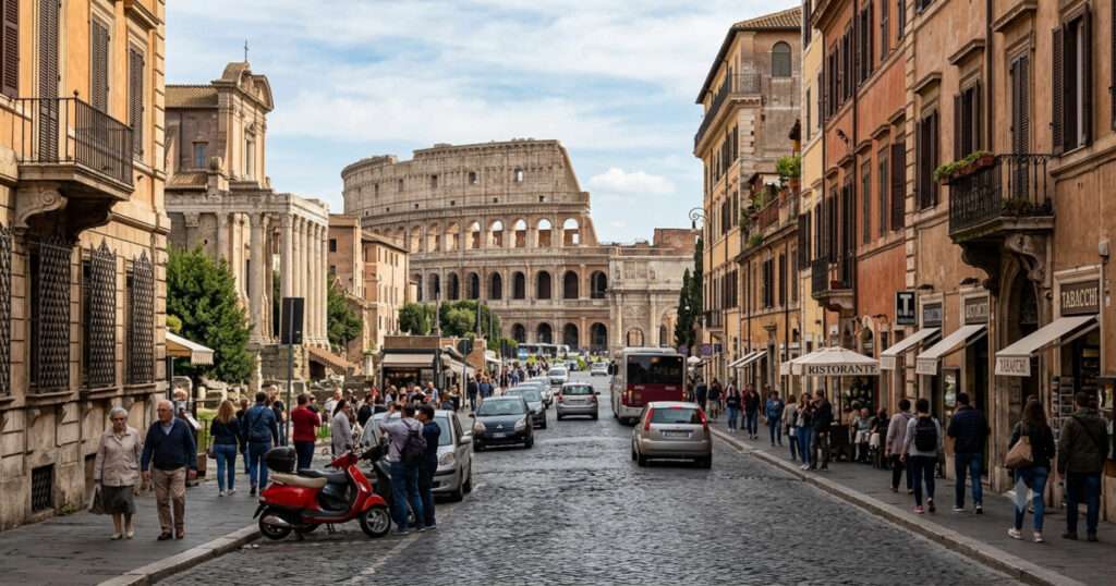 古代ローマの歴史的な街並みを、石畳の通りから捉えた写真。通りの先には巨大なコロッセオが見える。